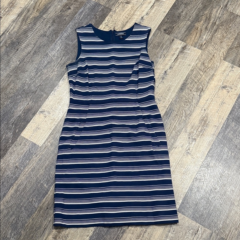 Lands' End Navy and White Striped Midi Dress With Pockets